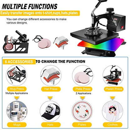 TOPDEEP 5 in 1 Heat Press Machine, Swing Away T Shirt Pressing Machine Multifunction, Heat Press 12x10 inch Transfer Machine Sublimation Combo for