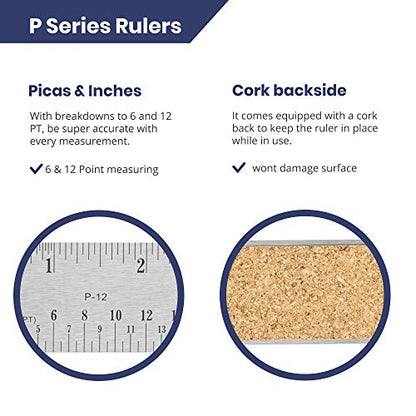 Pacific Arc Stainless Steel Ruler with Inch and Pica Measurements, 6 Inches Cork Backed - WoodArtSupply