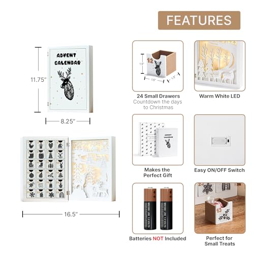 Wooden Advent Calendar with Drawers, 12 Inch Reusable Advent Calendar with Lights, White Wood, Battery Operated, Empty Boxes to Fill, Decorative Fold LampLust