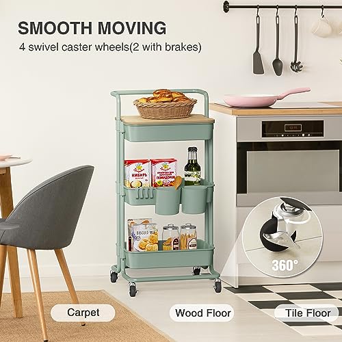 DTK 3 Tier Rolling Utility Cart with Cover Board, Lockable Wheels, and Storage Baskets in Green DTK