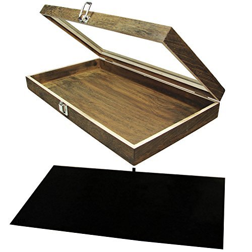 MOOCA Wooden Jewelry Display Case with Tempered Glass Lid and Removable Luxurious Velvet Pad, Brown Color