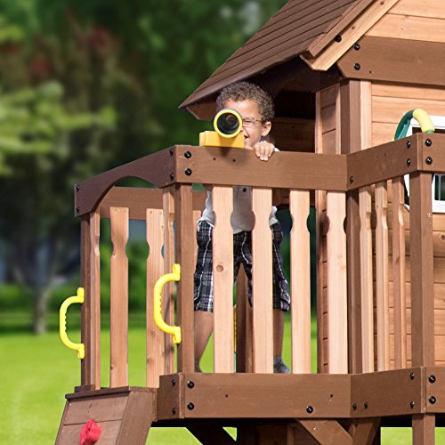 Backyard Discovery Mount Triumph All Cedar Swing Set, Covered Upper Clubhouse, Telescope, Steering Wheel, Lower Playhouse, Sink, Stove, Plastic Food, Backyard Discovery