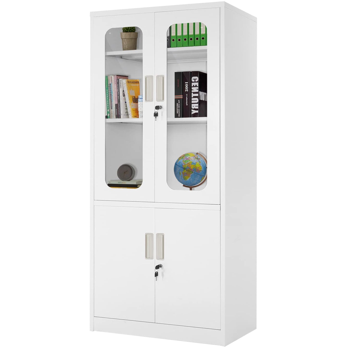 Greenvelly Metal Storage Cabinet with Lock, White Tall Office Storage Cabinet with 2 Glass Doors and Adjustable Shelves, Steel File Storage Cabinet