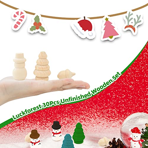 Luckforest 30Pcs Unfinished Wooden Set, Snowman Dolls Craft Christmas Tree Acorns Blank DIY Wooden Natural Wooden Xmas Tree for Crafts Arts Drawing Luckforest