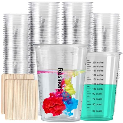 Resiners 120pcs Disposable Epoxy Resin Mixing Cups, Plastic Measuring Cups with 100pcs Wooden Stir Sticks, Mixing Containers for Resins, Paint,