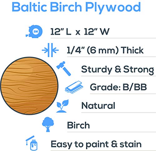 Baltic Birch Plywood, 6 mm 1/4 x 12 x 12 Inch Craft Wood, Box of 12 B/BB Grade Baltic Birch Sheets, Perfect for Laser, CNC Cutting and Wood Burning, Woodpeckers