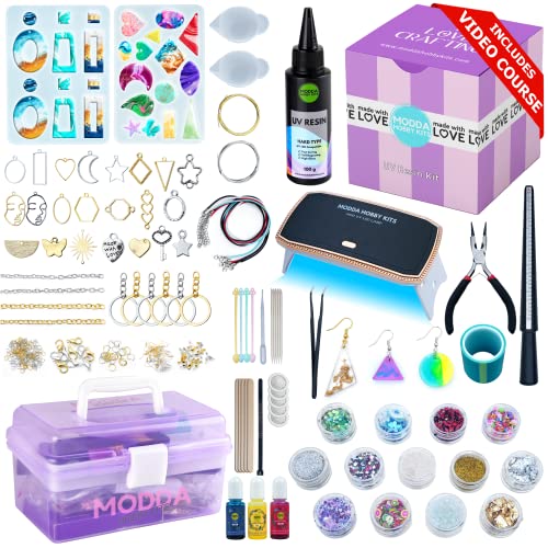 Modda UV Resin Kit with Light for Beginners with Video Course, Resin Jewelry Making Kit for Adults, Includes UV Resin, UV Lamp, Resin Glitters, Foil - WoodArtSupply