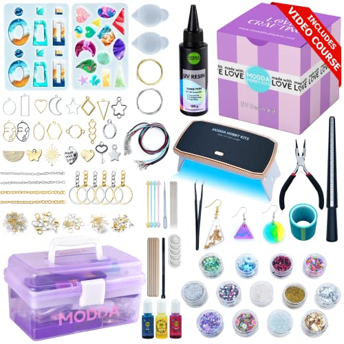 Modda UV Resin Kit with Light for Beginners with Video Course, Resin Jewelry Making Kit for Adults, Includes UV Resin, UV Lamp, Resin Glitters, Foil
