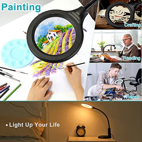 TOMSOO 5X Magnifying Glass with Light and Clamp, 5 Color Modes Stepless Dimmable Lighted Magnifier with Stand, Flexible Gooseneck LED Desk Lamp Hands TOMSOO