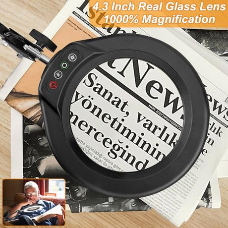 10X Large Magnifying Glass with Light and Stand, KRSTLV 2 x 16 Inch Adjustable Swivel Arm LED Desk Lamp with Clamp, 5 Color Modes Stepless Dimmable, Krstlv