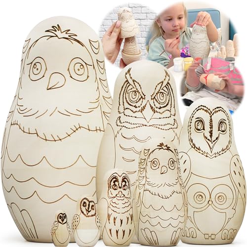 AEVVV Owl Craft Blank Russian Nesting Dolls Set 7 pcs - Unfinished Wood Crafts Paint Your Own Matryoshka Owl Figurines - Blank Owl Nesting Dolls AEVVV