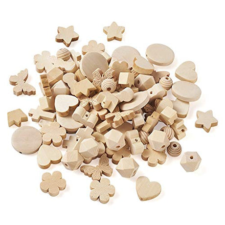 Beadthoven 100pcs 10 Shapes Natural Unfinished Wood Spacer Beads Assorted Wooden Loose Beads for DIY Jewelry Making Bracelet Keychain Home Favor BB Beadthoven