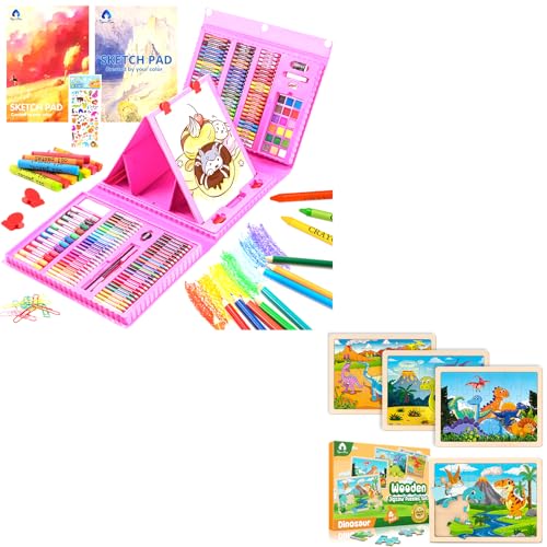 240 Piece Art Set & 4 Pack Wooden Dinosaur Puzzles for Kids VigorFun