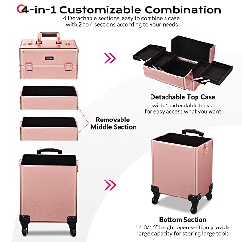 BYOOTIQUE Rolling Manicure Table 4in1 Makeup Train Case Foldable Nail Desk Cosmetology Case on Wheels with Built-in Dust Collector for Technician AW