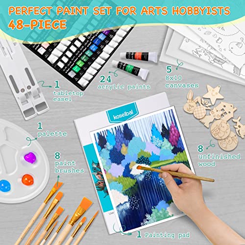 48 Piece Painting kit with 24 Acrylic Paints, 8 DIY Wooden Stencils 5 Canvas Panels 8 Brushes, Table Easel, Etc, Art Supplies Set for Kids Students koseibal