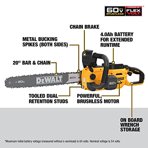 DEWALT 60V MAX Cordless Chainsaw Kit, 20 in., Battery & Charger Included (DCCS677Y1) DEWALT