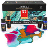 ARTEZA Acrylic Pouring Paint, Set of 32, 2oz Bottles, Assorted Colors, High Flow Paint, No Mixing Needed, Art Supplies for Pouring on Canvas, Glass, ARTEZA