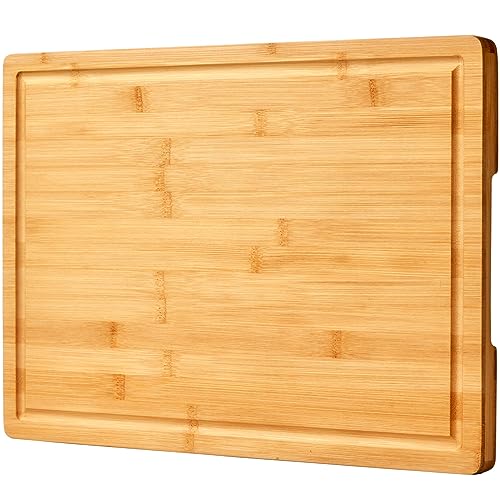 Bamboo Cutting Board for Kitchen, 18" Large Wood Charcuterie Cheese Board, Wooden Chopping Block with Side Handles and Juice Grooves - WoodArtSupply