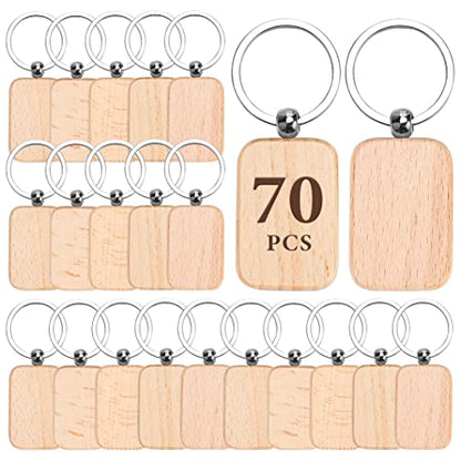 Auihiay 70 PCS Wood Keychain Blanks, Wood Engraving Blanks Key Chain, Unfinished Rectangle Wood Key Tag for DIY Crafts (Rectangle)