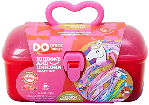 Highlights for Children Ribbons and Unicorn Craft Kit for Kids, 3 Crafts in 1, Create a Unicorn Wand, Ribbon Hoop, and Hair Comb, Includes Reusable