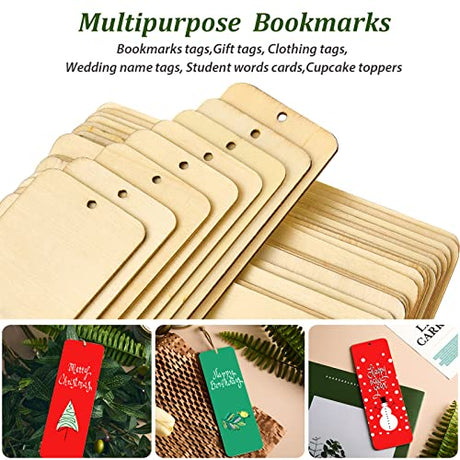 Wood Blank Bookmarks DIY Wooden Craft Bookmark Unfinished Wood Hanging Tags Rectangle Shape Blank Bookmark Ornaments with Holes and Ropes for Zonon