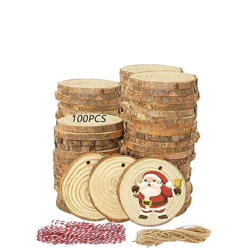Acrux7 100 PCS Natural Wood Slices for Painting, 2.4-2.8 Inch Unfinished Wood Slices Predrilled with Hole, Round Wooden Slices for DIY Crafts, Arts,