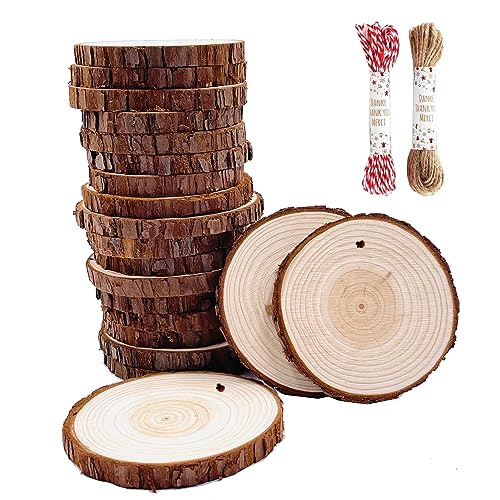 Unfinished Natural Wood Slices 20 Pcs 3.5-4 Inch Wood Coaster Sets Pieces Craft Wood kit Predrilled with Hole Wooden Circles Great for Arts and