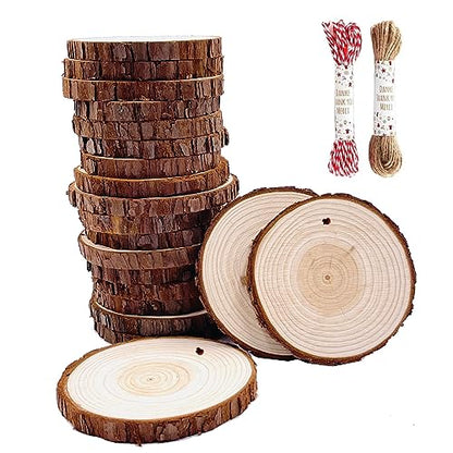 Unfinished Natural Wood Slices 20 Pcs 3.5-4 Inch Wood Coaster Sets Pieces Craft Wood kit Predrilled with Hole Wooden Circles Great for Arts and