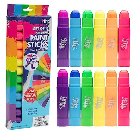 Idiy Tempera Paint Sticks (12 pack Neon Vibrant Colors)- Classroom School Supplies Arts & Crafts Projects, Draw & Paint on Wood, Paper, Ceramic, Idiy