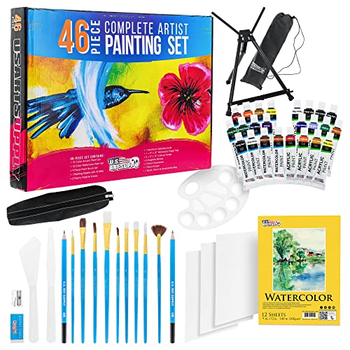 U.S. Art Supply 46-Piece Complete Artist Painting Set with Easel - 12 Acrylic & 12 Watercolor Paint Colors, Brushes, Canvas Panels, Watercolor Pad, U.S. Art Supply