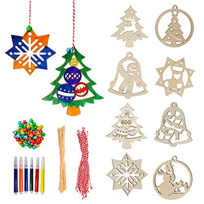 JOYIN 48 Pcs Christmas Wooden Ornaments DIY Craft Kit for Kids Includes Color Markers, Hanging Christmas DIY Wooden Ornaments, Unfinished Flat Wooden