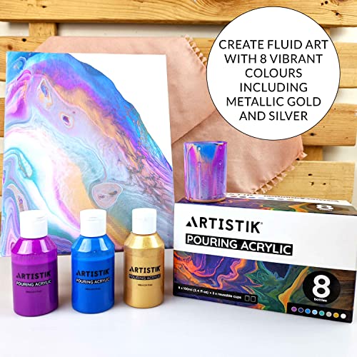 Acrylic Pouring Paint, Set of 8 x 100 ml Bottles - Pre-Mixed High Flow - Ready to Pour Paint Color Set w/ 2 Mixing Cups - Art Paints for Pouring on