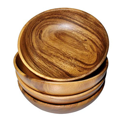 WRIGHTMART Wood Bowl, Set of 4 Bowls for Food, Salads, Pasta, Cereals, Nachos, Chips, Trail and Nut Mixes, Rustic Durable Hand Crafted Acacia Dining