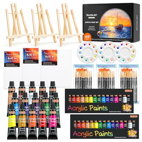 Shuttle Art 69 Pack Acrylic Paint Set, Acrylic Painting Set with 2 Pack of 15 Colors Acrylic Paint, 3 Sets of Wooden Easels, Canvas, Brushes &