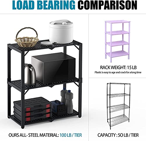 Hastatii 3-Shelf Storage Shelving Unit Metal Rack Heavy-Duty 28"x13.5"x33.5" for Garage, Kitchen and Bedroom Layers Increased Black Hastatii