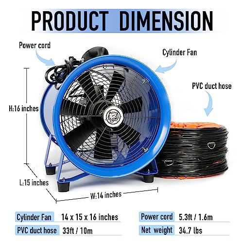 Sewinfla 520W/12inches Utility Blower, Portable Ventilator Exhaust Fan with 33ft PVC Flexible Duct Hose, Low Noise Heavy Duty Cylinder Fan for Home & Sewinfla