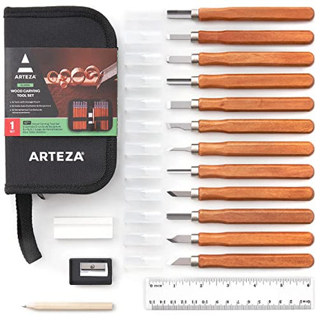 Arteza Wood Carving Tools Kit, 12 Cherry Wood Carving Tools with Steel Nozzles, Craft Supplies for DIY Projects ARTEZA