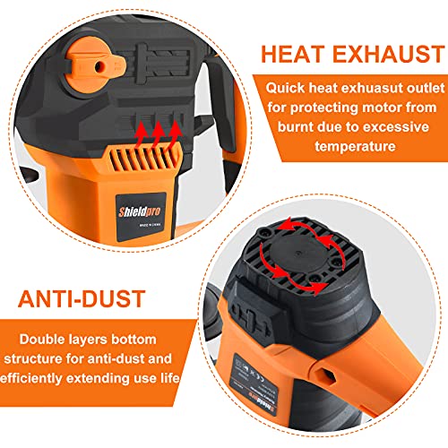 SHIELDPRO 1-1/4 Inch SDS-Plus 13 Amp Rotary Hammer Drill Heavy Duty, Safety Clutch 3 Functions with Vibration Control,Including Grease, Flat Chisels, SHIELDPRO