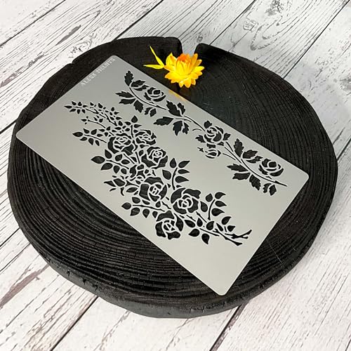 Aleks Melnyk No.269 Metal Stencil, Rose Flower Branch, Rose Vine, Swirls, Leaf Blossom, Small Stencil, 1 PC, Template for Wood Burning, Engraving, Aleks Melnyk