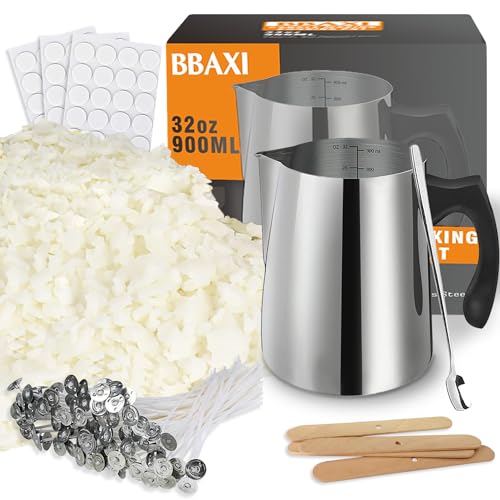 BBAXI Candle Making Kit, Including 32oz/900ml Candle Making Pouring Pot, 16oz Natural Soy Wax, 4Pcs Wooden Candle Wicks Holder, 60Pcs Candle Wicks, BBAXI