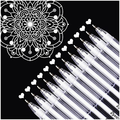 Dyvicl White Gel Pens, 0.8 mm Fine Pens Gel Ink Pens for Black Paper Drawing, Sketching, Illustration, Adult Coloring, Journaling, Set of 12