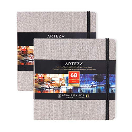 Arteza Watercolor Sketchbooks, 8.25x8.25-inch, 2-Pack, 68 Sheets, Gray Art Journal, Hardcover 110lb Paper Book, Watercolor Sketchbook for Use as ARTEZA