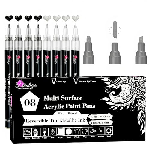 PAINTIGO Acrylic Paint Pens,8 Pack 4 Black 4 White Paint Markers, Paint Pens for Rock Painting Stone Ceramic Glass Wood Plastic Glass Metal PAINTIGO
