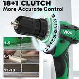 YIOU 20V MAX Cordless Drill, 18 Position Clutch Drill with 23PCS Drill Set, 3/8 Inches Keyless Chuck Power Drill and Battery Charger, Green Driller YIOU