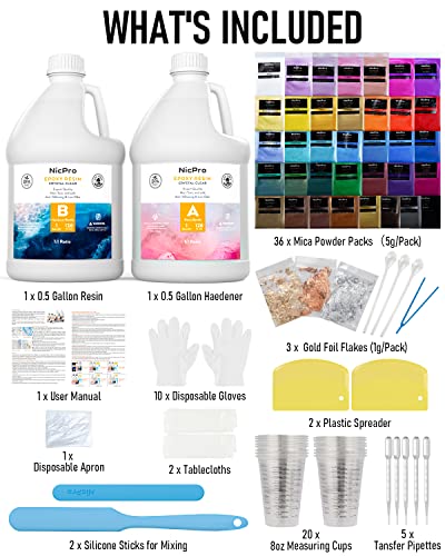 Nicpro 2 Gallon Crystal Clear Epoxy Resin Kit, Casting and Coating Resin Supplies for Art Craft Tabletop, Jewelry Making, Molds, Bar Top with 36 Mica Nicpro
