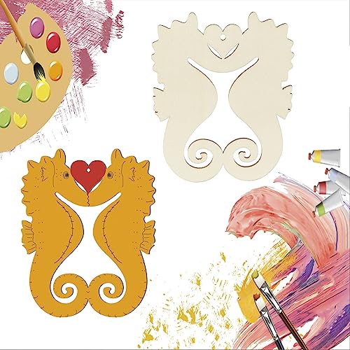 Unfinished Seahorse Shapes Wood/Heart-Shaped Wood DIY Craft Cutout Hanging Ornaments with Natural Twine for Christmas Wedding Birthday Party Zontween