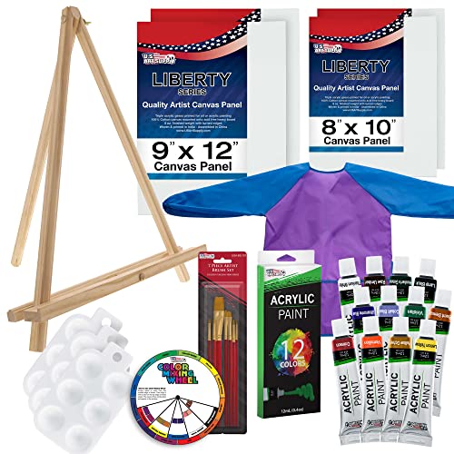 U.S. Art Supply 29-Piece Children's Acrylic Paint Artist Set with 12 Paint Colors, 7 Brushes, 12" Easel, 4 Canvas Panels, 3 Painting Palettes, Color - WoodArtSupply