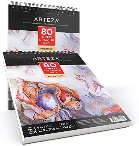 ARTEZA Drawing Pad 9 x 12 Inches, Pack of 2, 160 Sheets (80lb/130g), Spiral Bound Artist Drawing Books, 80 Sheets Each, Durable Acid Free Sketch ARTEZA