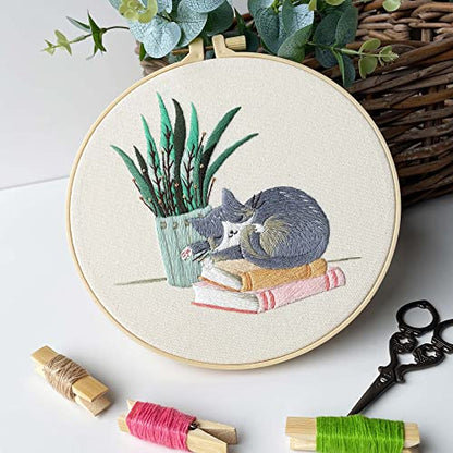 Myfelicity Cat Embroidery Kit 3 Patterns Fabric Threads Needles Hoops Instructions - WoodArtSupply