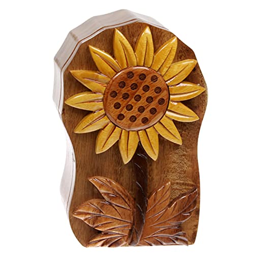 Handcrafted Wooden Sunflower Shape Secret Jewelry Puzzle Box - WoodArtSupply